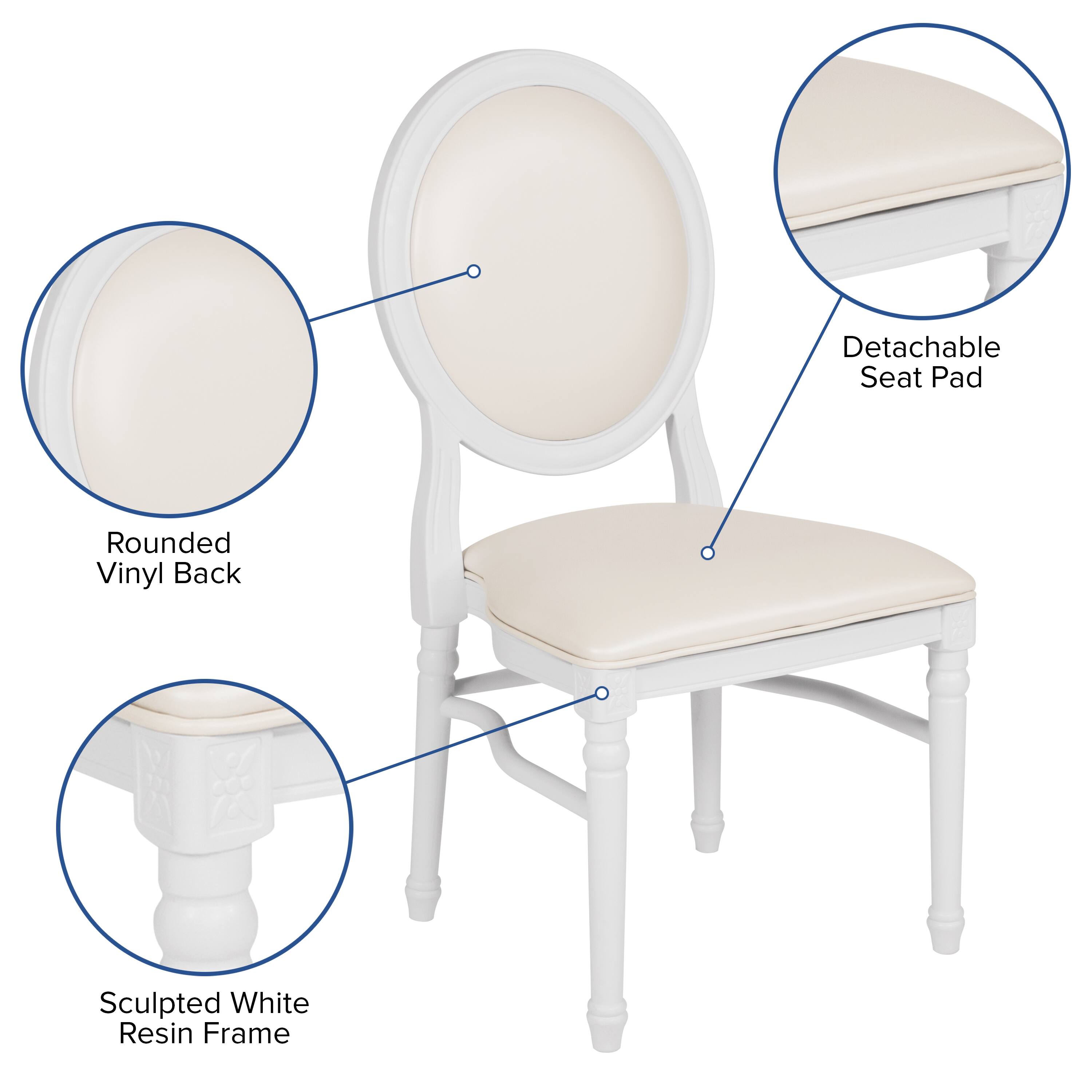 Detachable Seat Pad  
Rounded Vinyl Back  
Sculpted White Resin Frame