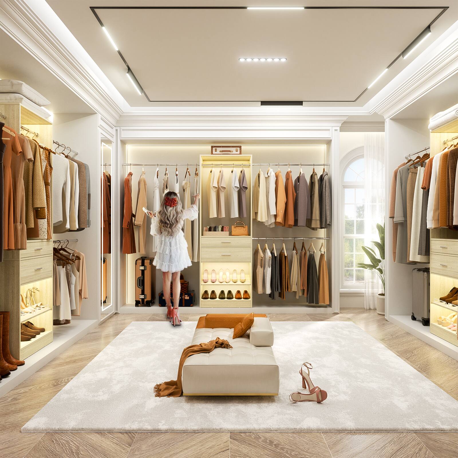 Alt View 2. Aheaplus - 8FT Closet Organizer with 4 Hanging Rods & Shelves, Walk-in Wardrobe System with Shoe Racks for Closet/Bedroom - Beige Oak.