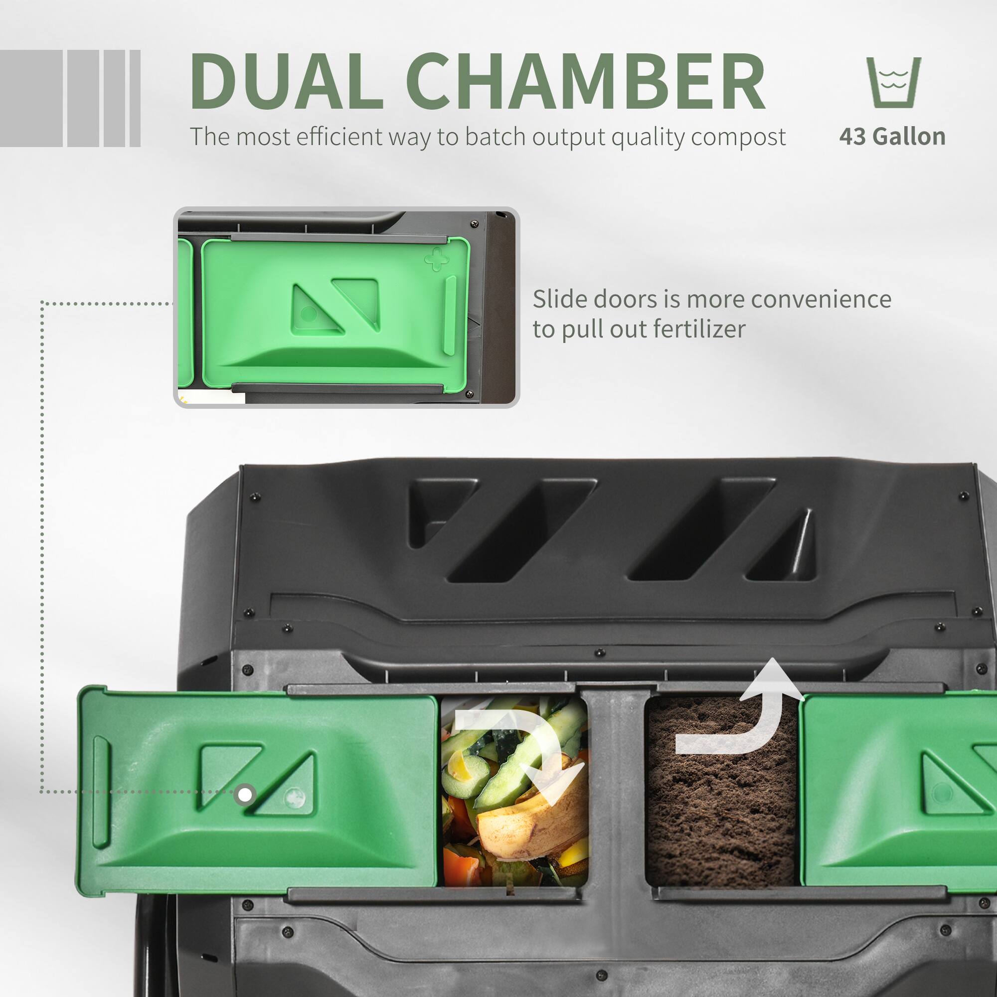 DUAL CHAMBER  
The most efficient way to batch output quality compost  

43 Gallon  

Slide doors is more convenient to pull out fertilizer