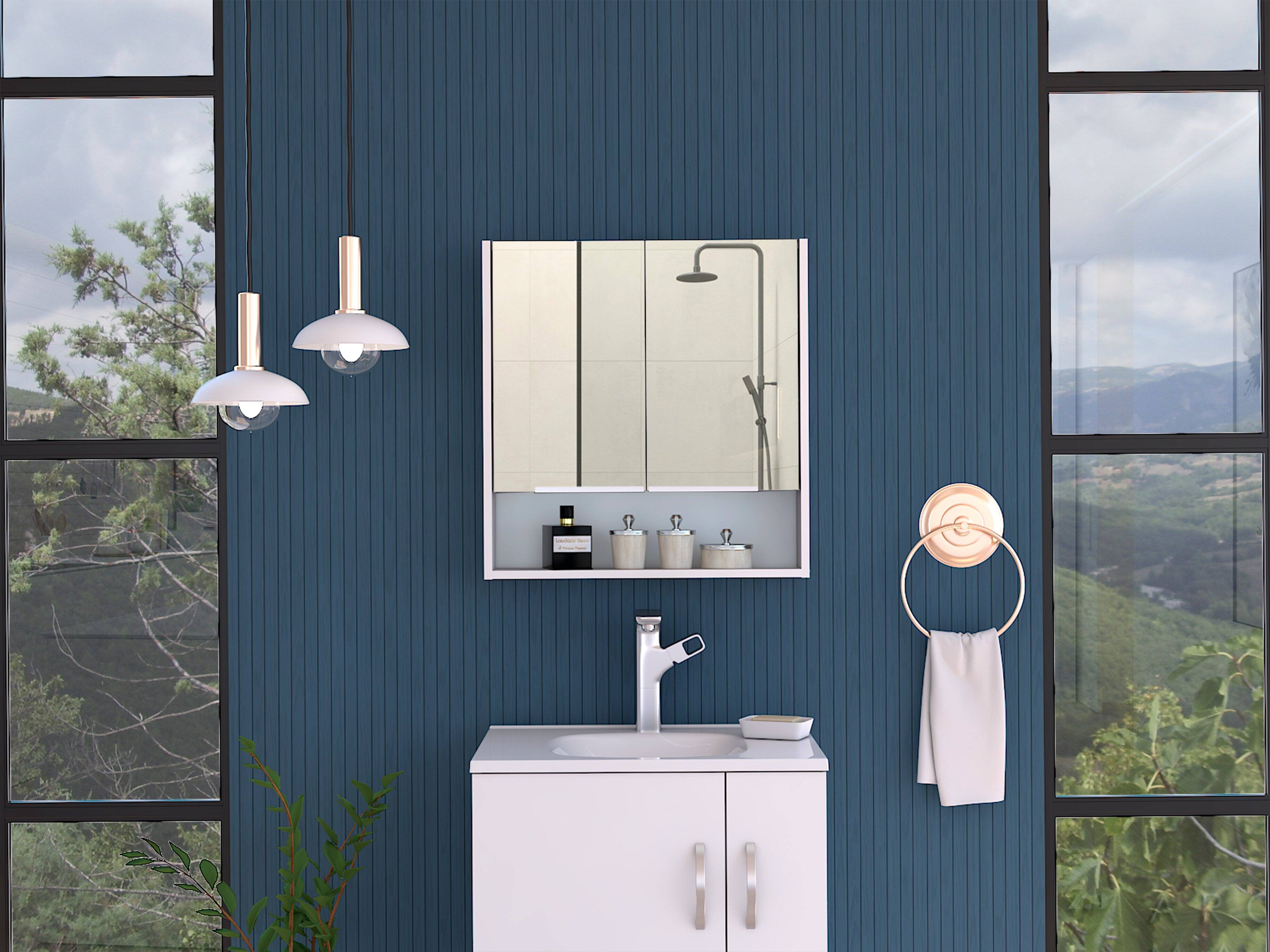 Angle. TuHome - Jaspe Mirror Cabinet, Three Internal Shelves, One Open Shelf, Double Door Cabinet - White.