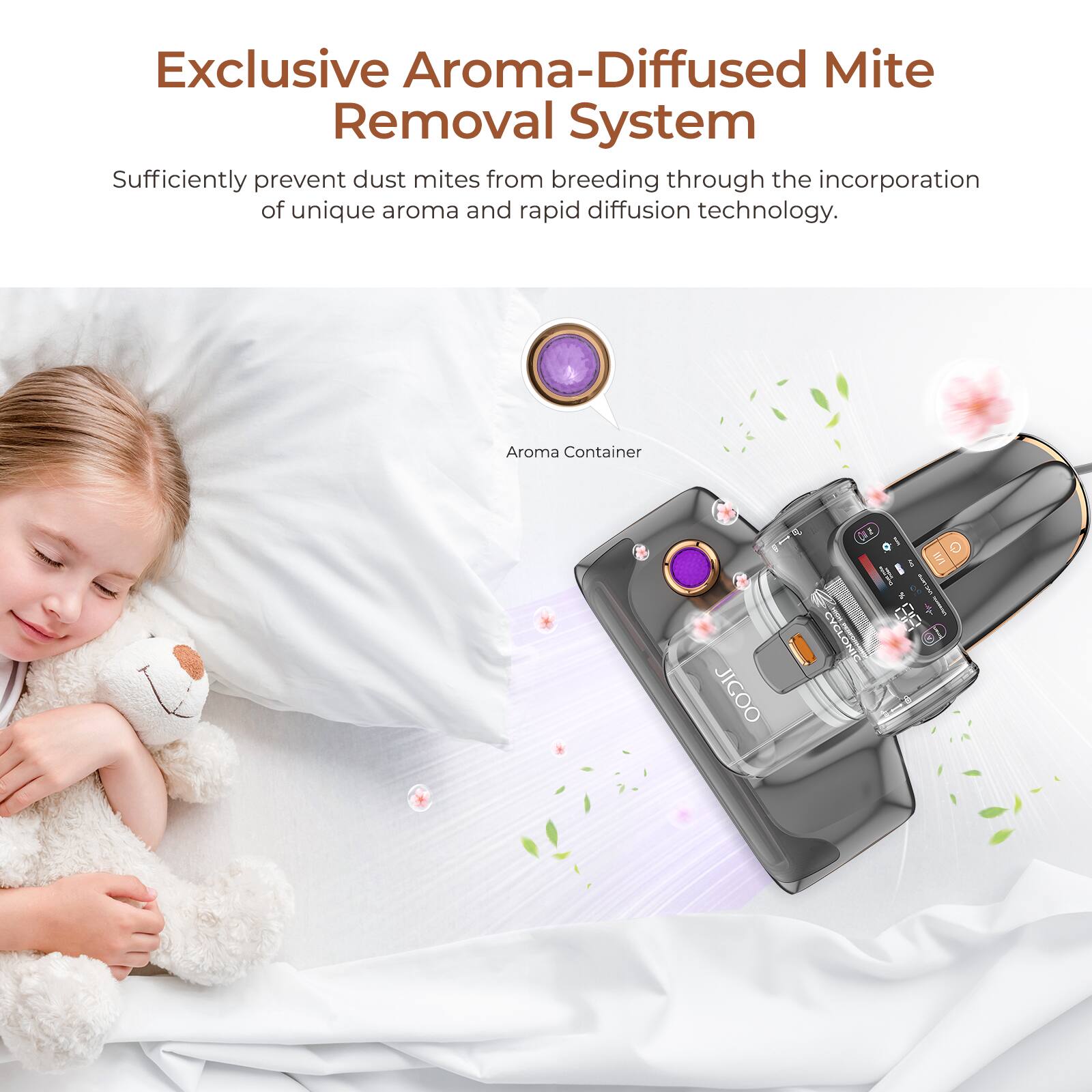 Exclusive Aroma-Diffused Mite Removal System: Sufficiently prevent dust mites from breeding through the incorporation of unique aroma and rapid diffusion technology. Aroma Container.