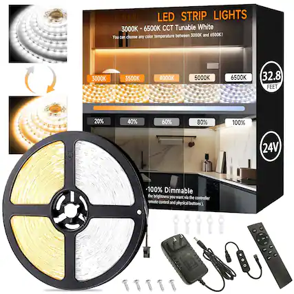 LED STRIP LIGHTS
3000K - 6500K CCT Tunable White
Color temperature between 3000K and 6500K!
You can choose any: 3000K, 3500K, 4000K, 5000K, 6500K
32.8 FEET
24V
100% Dimmable
The brightness you want via the controller remote control and physical buttons.
20% 40% 60% 80% 100%