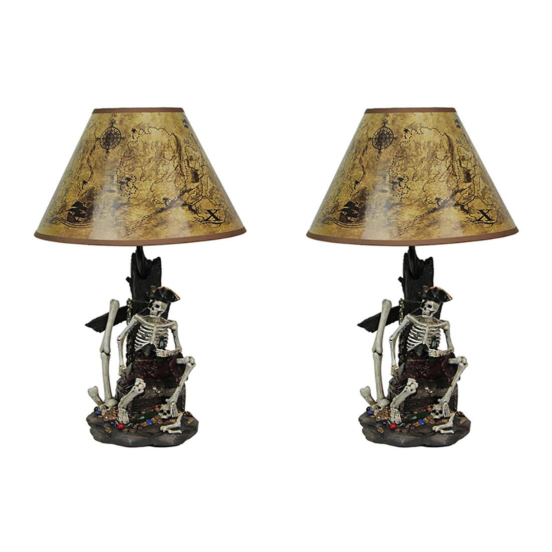 Front. Zeckos - SET OF 2 Pirate Skeleton W/ Treasure Table Lamps W/ Shades 21 inches tall - Brown.