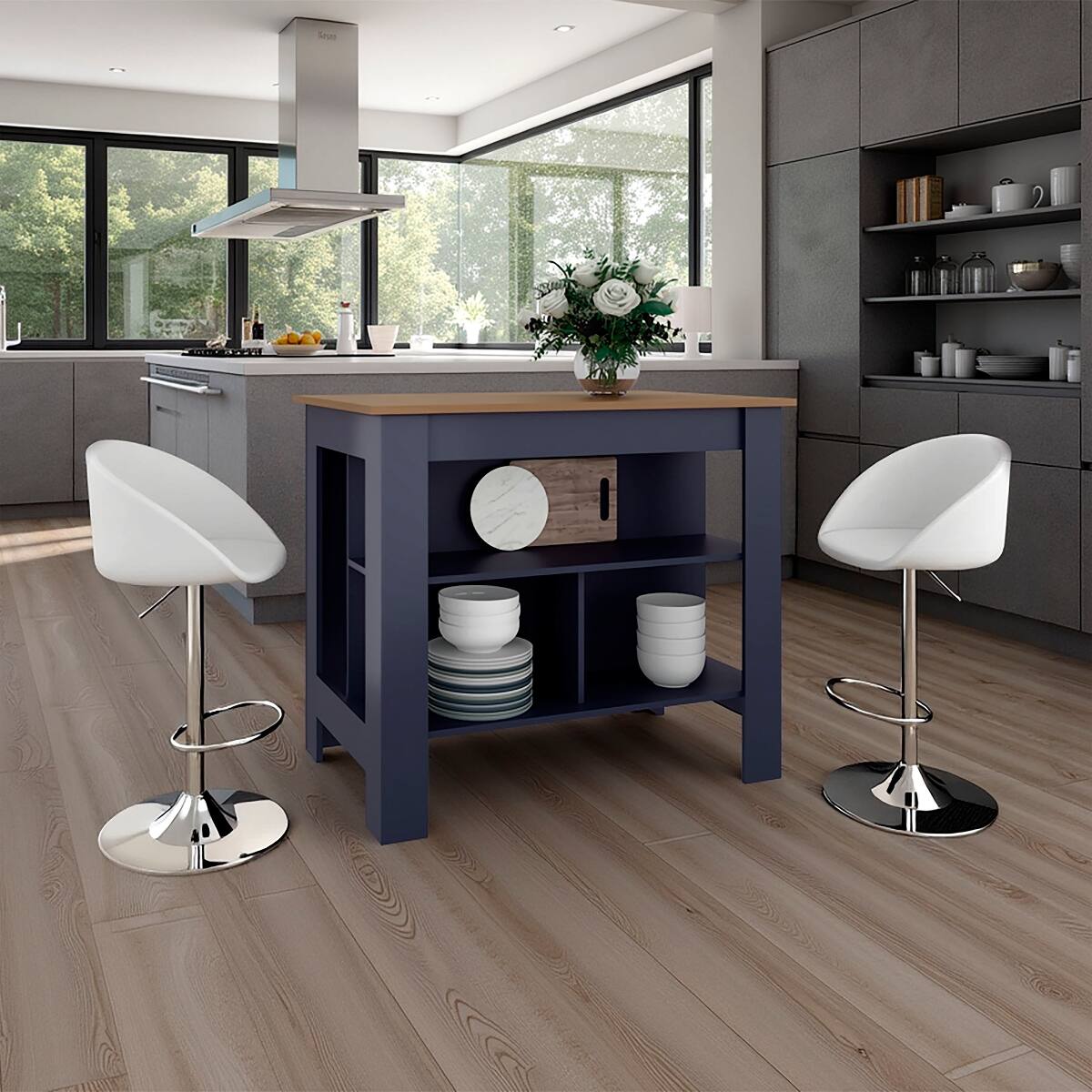 Front. Loheer - Loheer Navy Blue Kitchen Island Modern Kitchen Decor Wide Top Surface - Navy Blue.