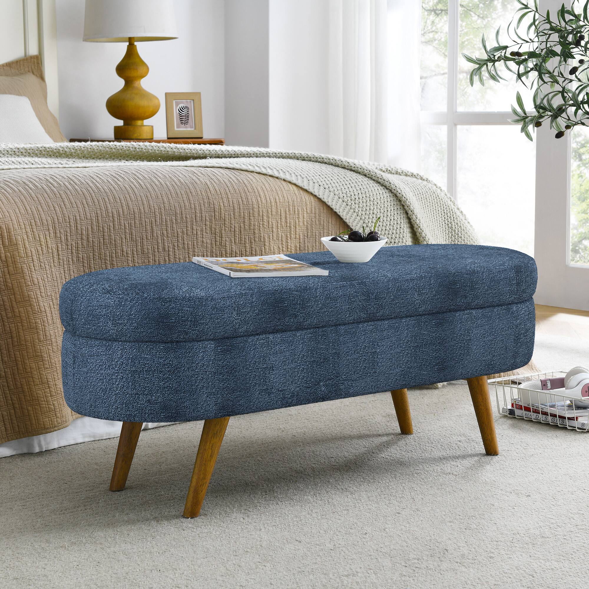 Left. GOODSILO - Elegant Fabric Storage Ottoman Bench with Wooden Legs for Living Room or Bedroom Footrest and Seating - Dark Blue.