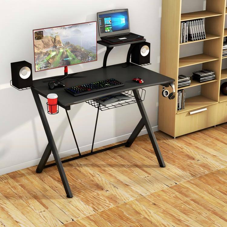 Back. SKONYON - Gaming Desk with Headset Hook and Cup Holder - Black.