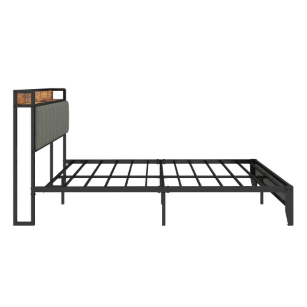 Back. LUCKY ONE - King Size Platform Bed Frame with USB Outlets, Heavy Duty Metal Slats, No Box Spring Needed, Under-Bed Storage - Light Gray.