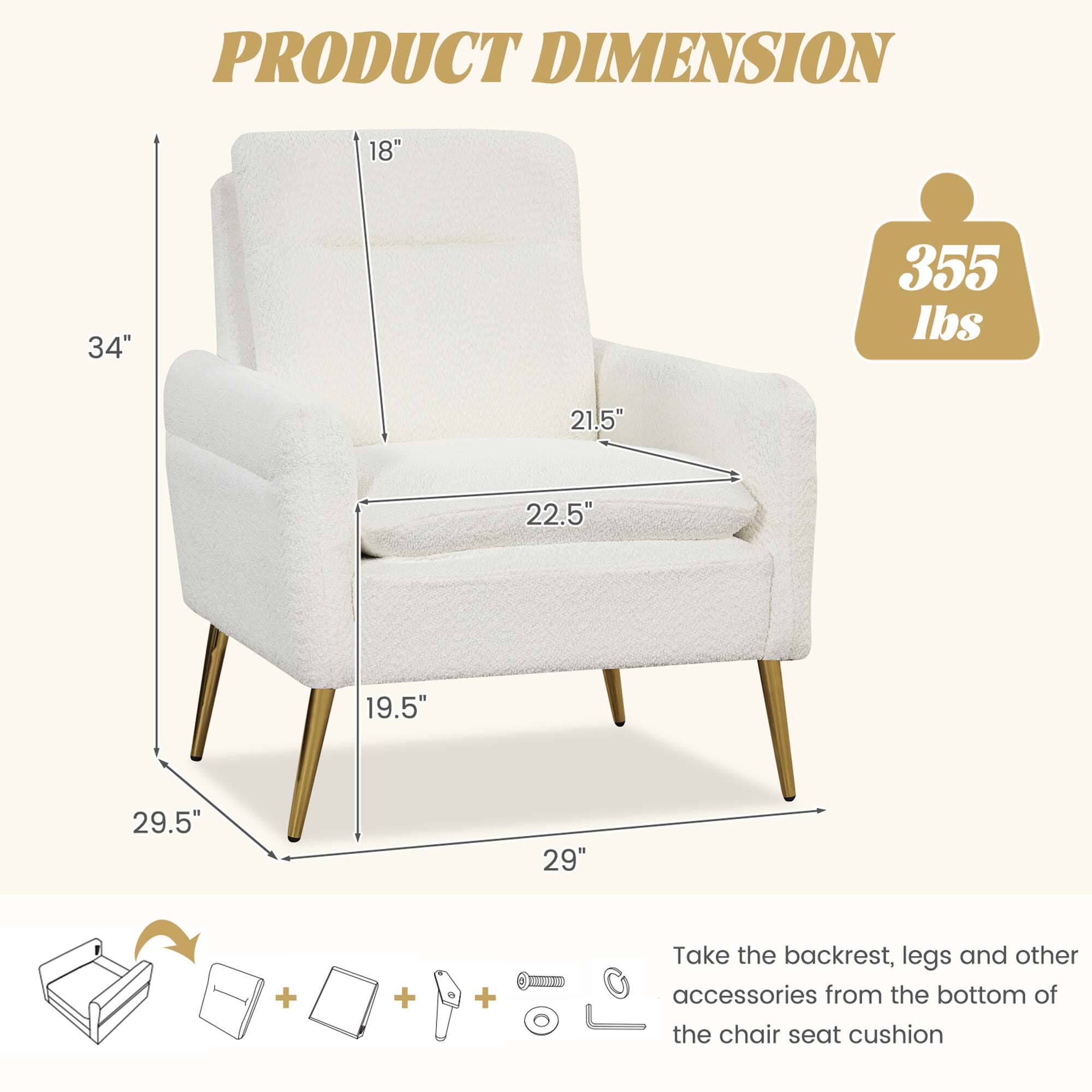 PRODUCT DIMENSION: 18" x 34" x 355 lbs. 21.5" x 22.5" x 19.5" x 29.5" x 29"

Take the backrest, legs, and other accessories from the bottom of the chair seat cushion.