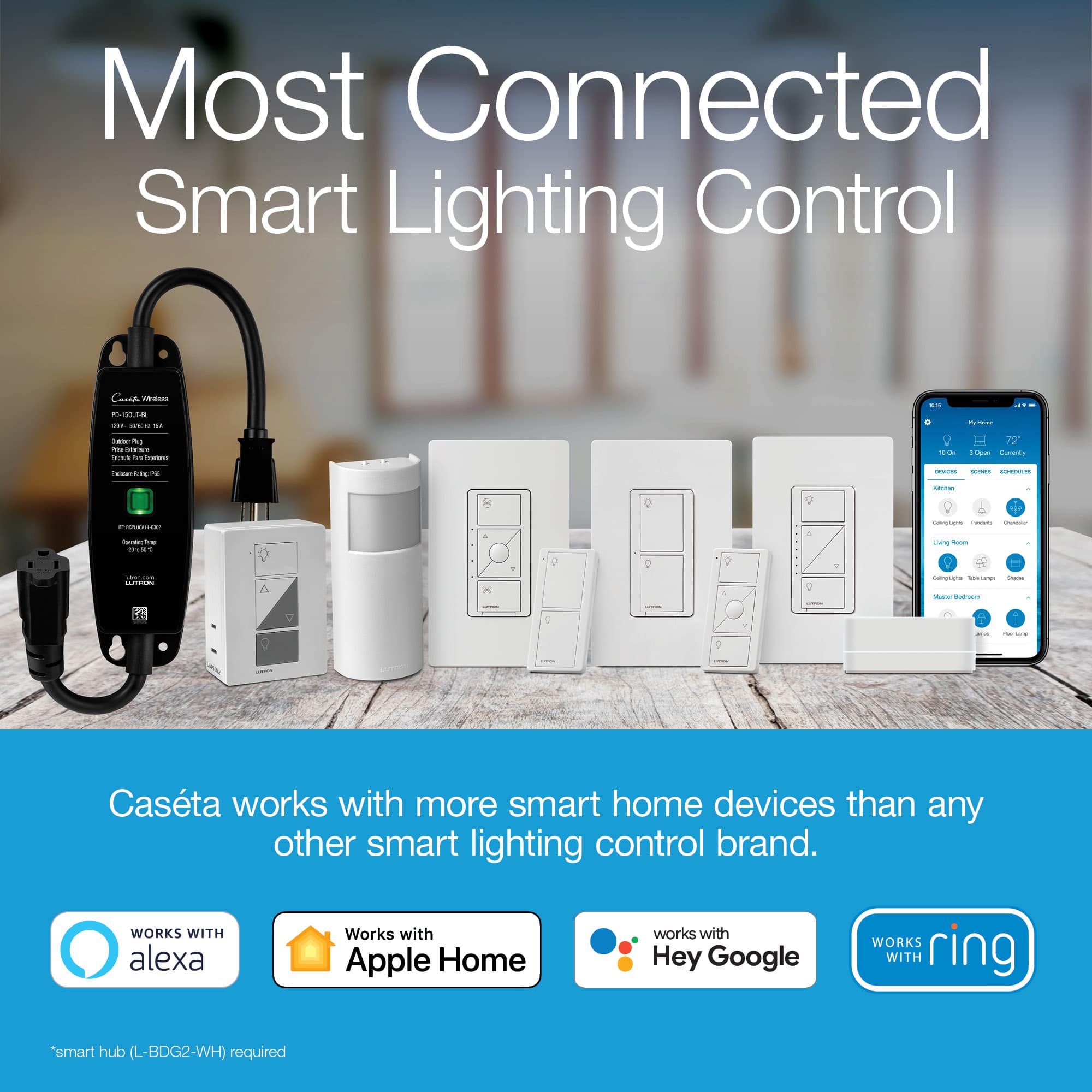 Most Connected Smart Lighting Control Cant A - mata - - -. - Pe - - -o - - -- i - - - - - - - . - - - - -- - . X + 0 2 . - . . 1 . 1 - - - - - - - - - - - d 1 . . - - - Casta works with more smart home devices than any other smart lighting control brand. WORKS WITH alexa Works with Apple Home works with Hey Google WORKS WITH ring "smart hub (L-BDG2-WH) required