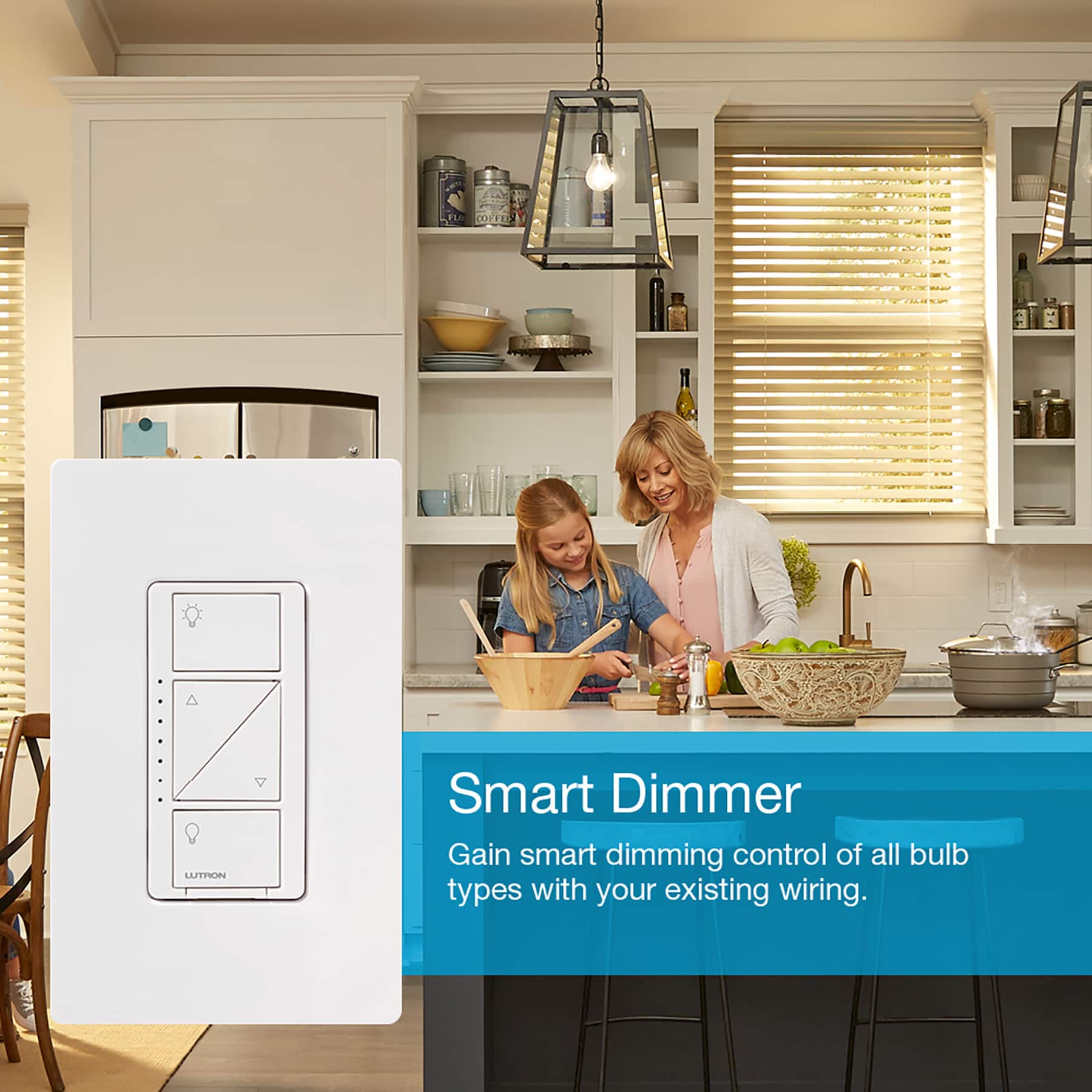 The text on the image reads: "Smart Dimmer Gain smart dimming control of all bulb types with your existing wiring."