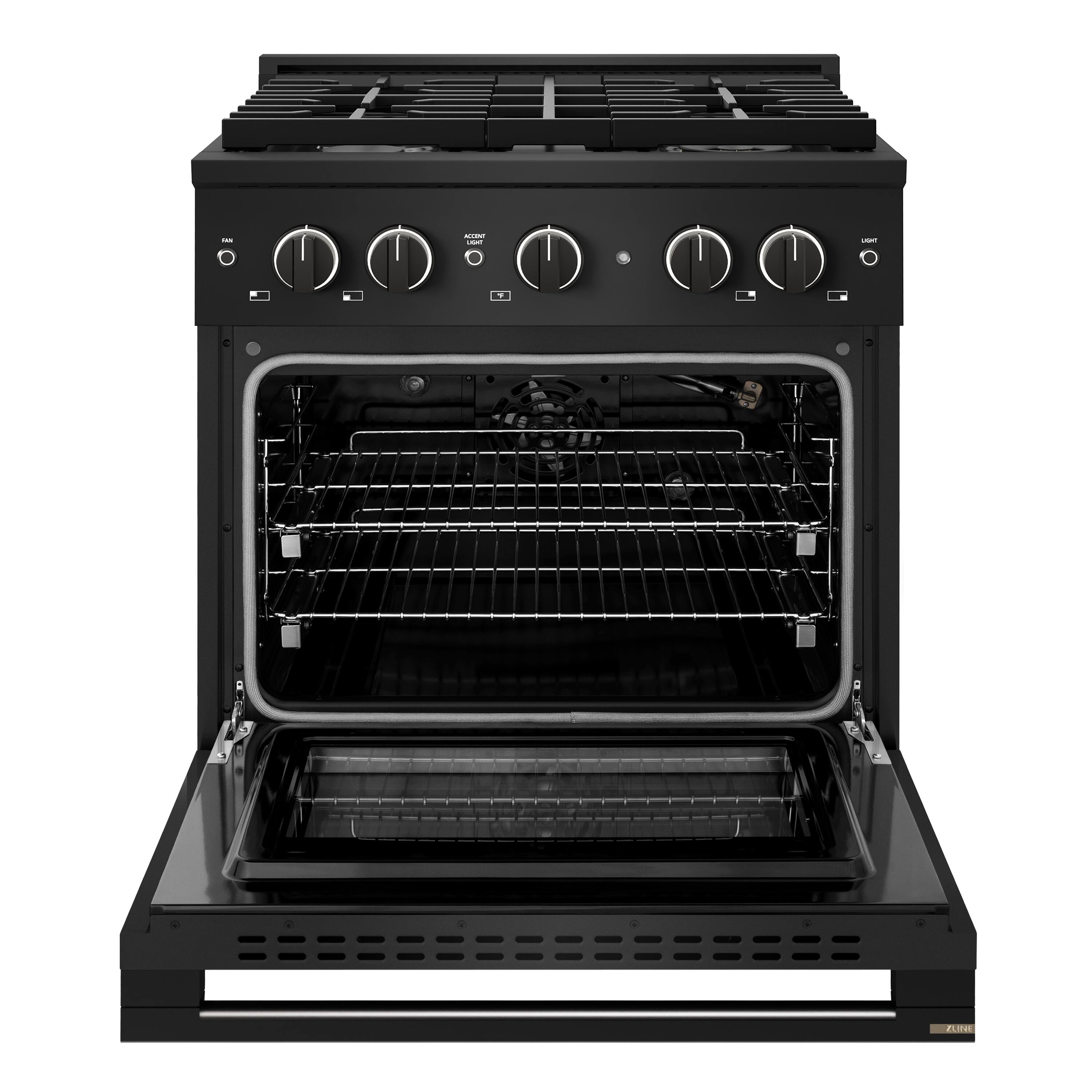 Angle. ZLINE - 30 in. 4.2 cu. ft. Marino Freestanding Gas Range with 4 Burner Cooktop and Manual Clean Convection Gas Oven - Black Stainless Steel.