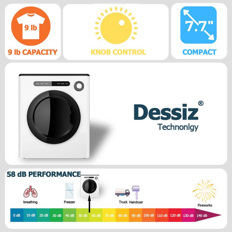 9 lb CAPACITY  
KNOB CONTROL  
COMPACT  

Dessiz Technology  

58 dB PERFORMANCE  

breathing  
Freezer  
Truck Hairdryer  
Fireworks  

0 dB 10 dB 20 dB 30 dB 40 dB 50 dB 60 dB 70 dB 80 dB 90 dB 100 dB 110 dB 120 dB 130 dB 140 dB
