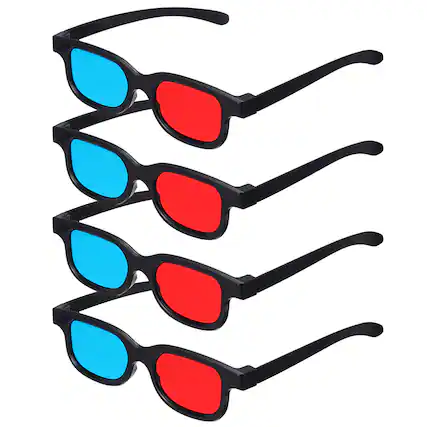 Front. Unique Bargains - 4pcs 3D Viewing Glasses, Plastic 3D Movie Glass for TV Anaglyph Stereoscopic Projection Video Game, 6" Black Frame - Red Blue.
