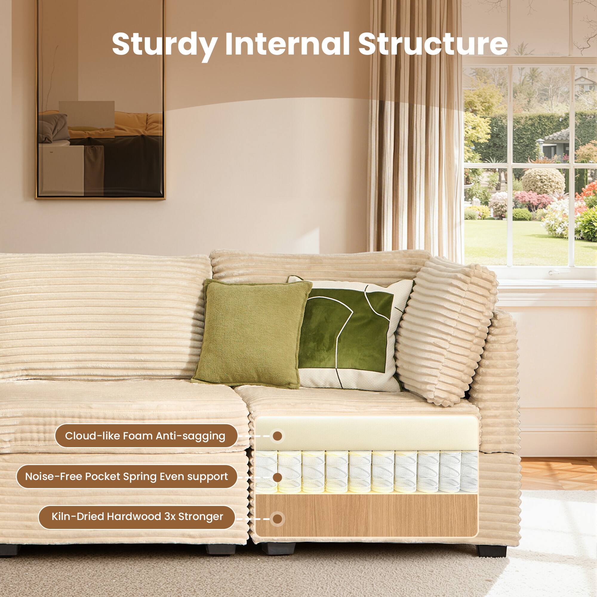 Sturdy Internal Structure

- Cloud-like Foam Anti-sagging
- Noise-Free Pocket Spring Even support
- Kiln-Dried Hardwood 3x Stronger