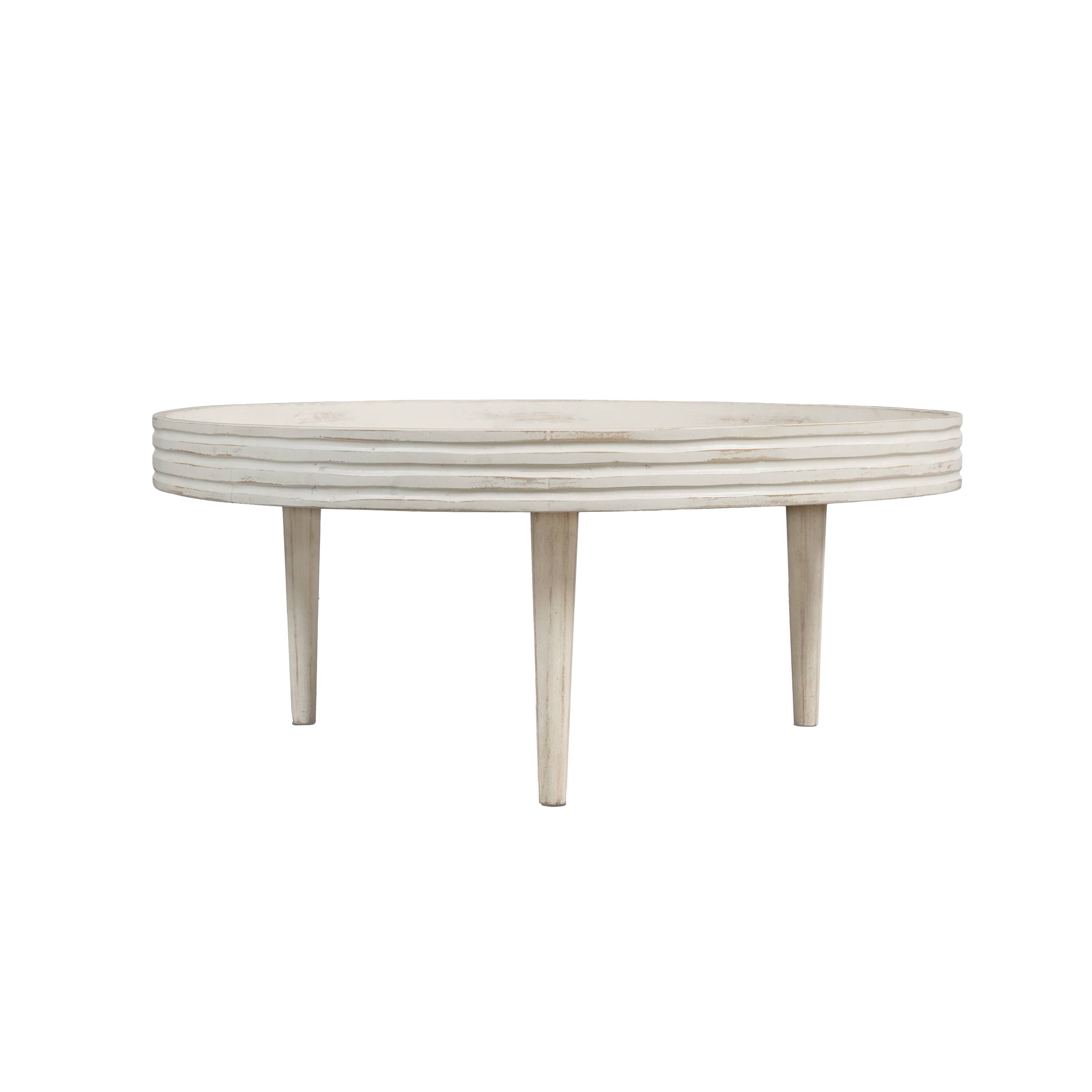 Alt View 2. Manhattan Lane - 33 Inch Coffee Table, Solid Mango Wood, Handcrafted Round Grooved Raised Edge - White.