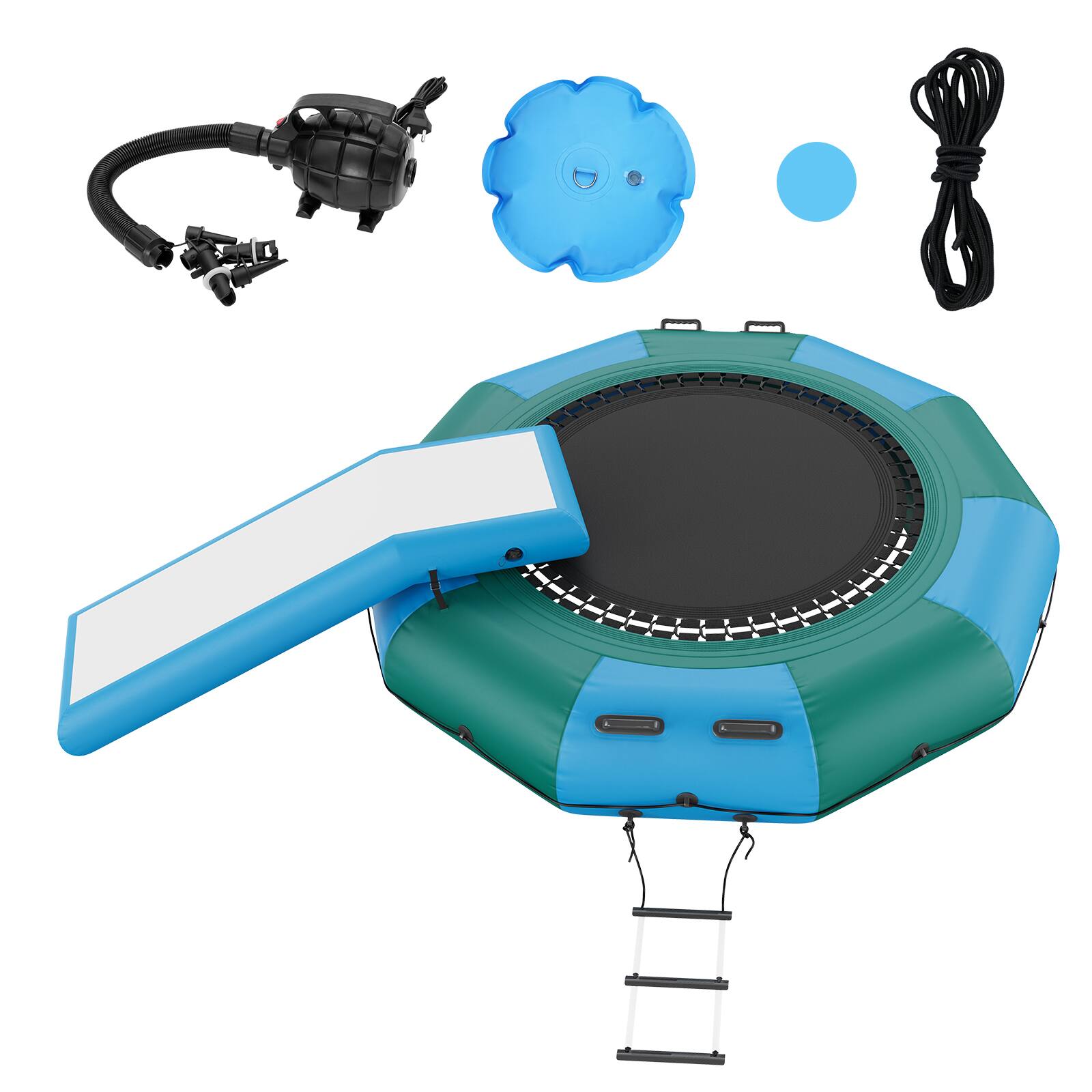 Front. VEVOR - Inflatable Water Bouncer, 10ft Recreational Water Trampoline, Portable Bounce Swim Platform with Slide, 3-Step Ladder - Blue, green.