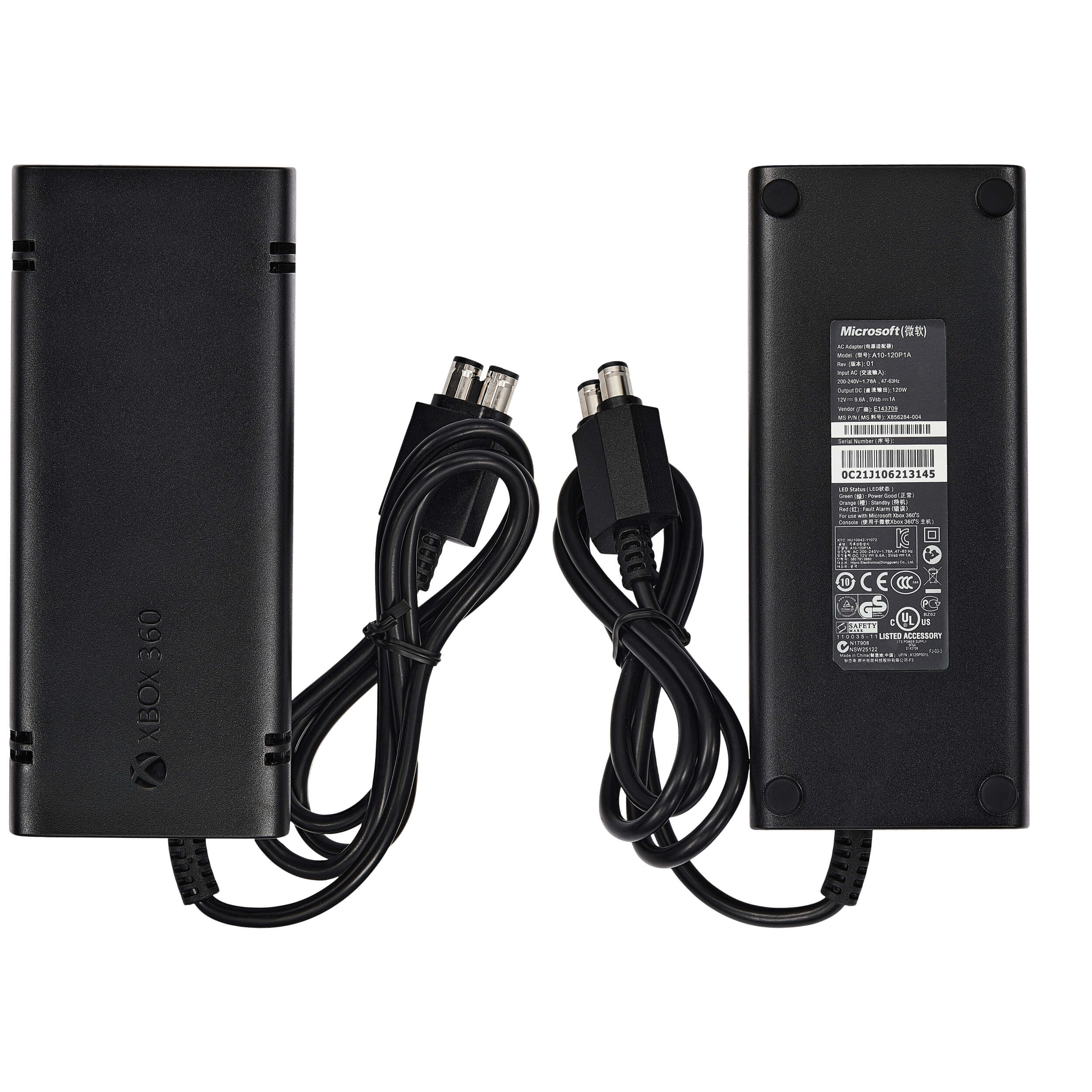 Microsoft  
XBOX 360  

OC23106213145  

AC 100-240V 50/60Hz  
Output: 12V 2.5A  

Made in China  

CE  
FCC  

UL Listed  

Microsoft (微软)  
XBOX 360  

OC23106213145  

AC 100-240V 50/60Hz  
Output: 12V 2.5A  

Made in China  

CE  
FCC  

UL Listed