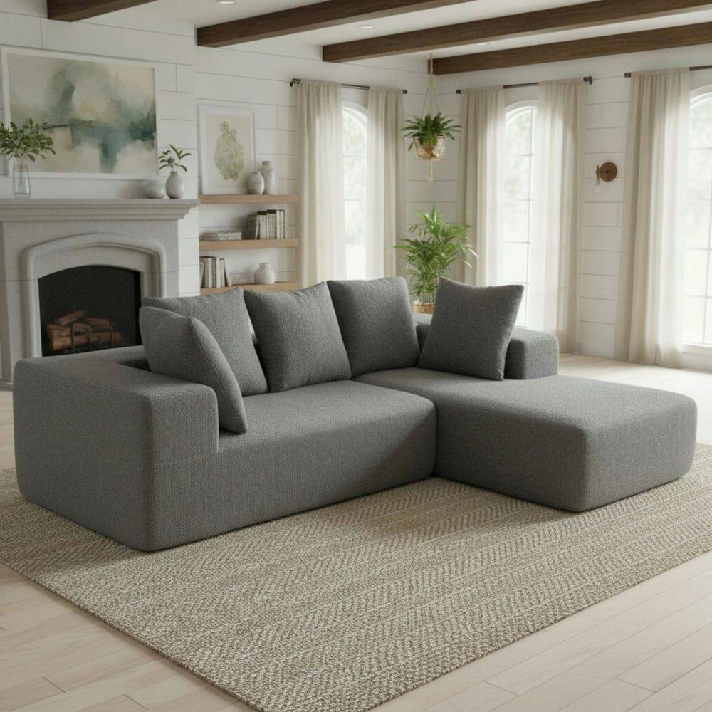 Angle. Resenkos - Full Foam Compression Modular Sofa with 5 Throw Pillows, Flannelette Fabric, L-Shaped, Ideal for Small Space - Gray.
