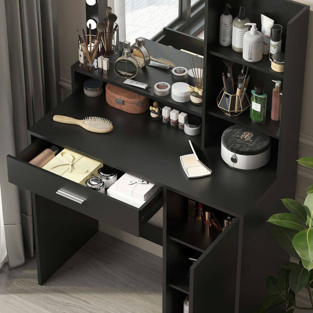 Alt View 2. Kadyn - Vanity Desk with Illuminated Mirror and 3-Tier Drawer Storage - Black - Black.
