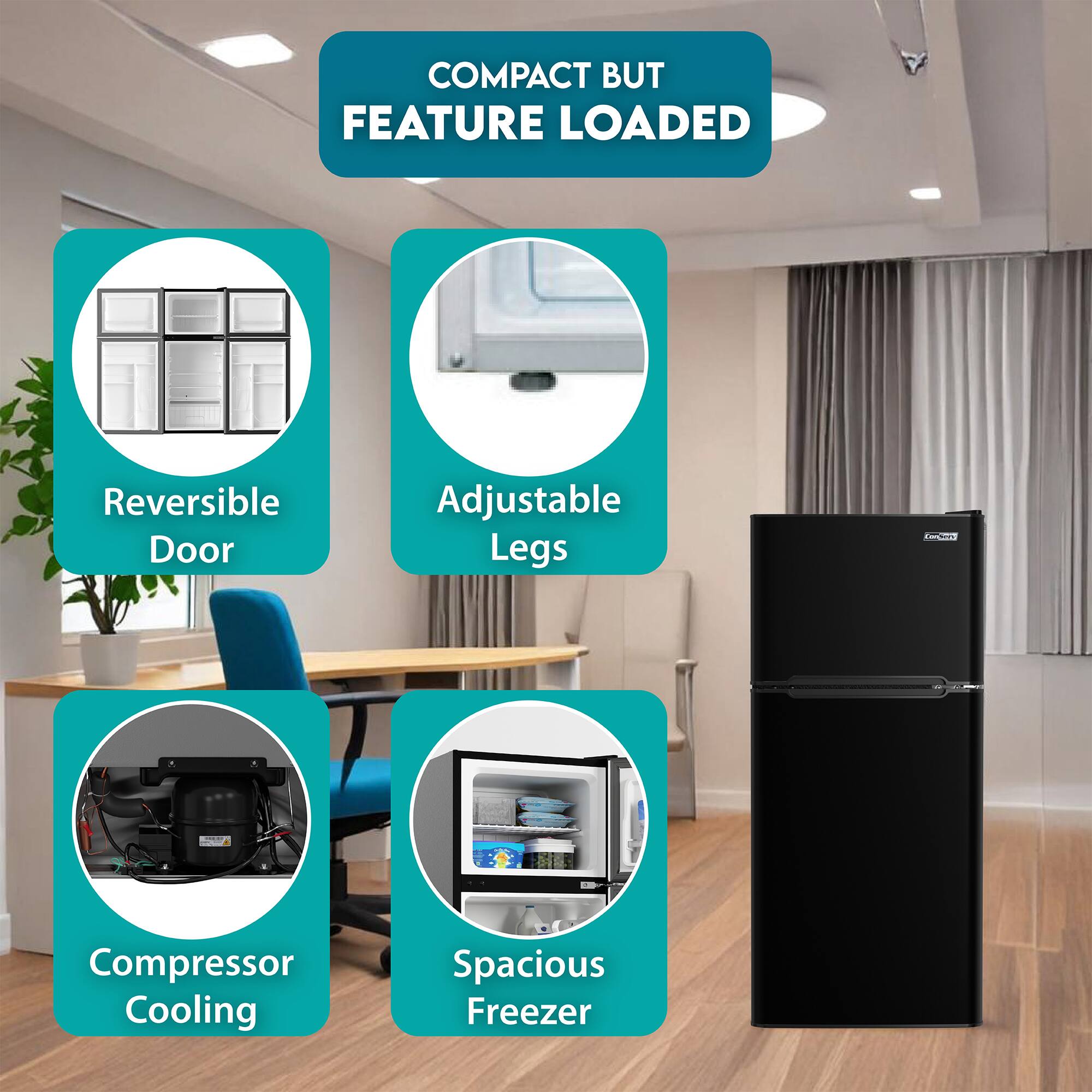 COMPACT BUT FEATURE LOADED

- Reversible Door
- Adjustable Legs
- Compressor Cooling
- Spacious Freezer