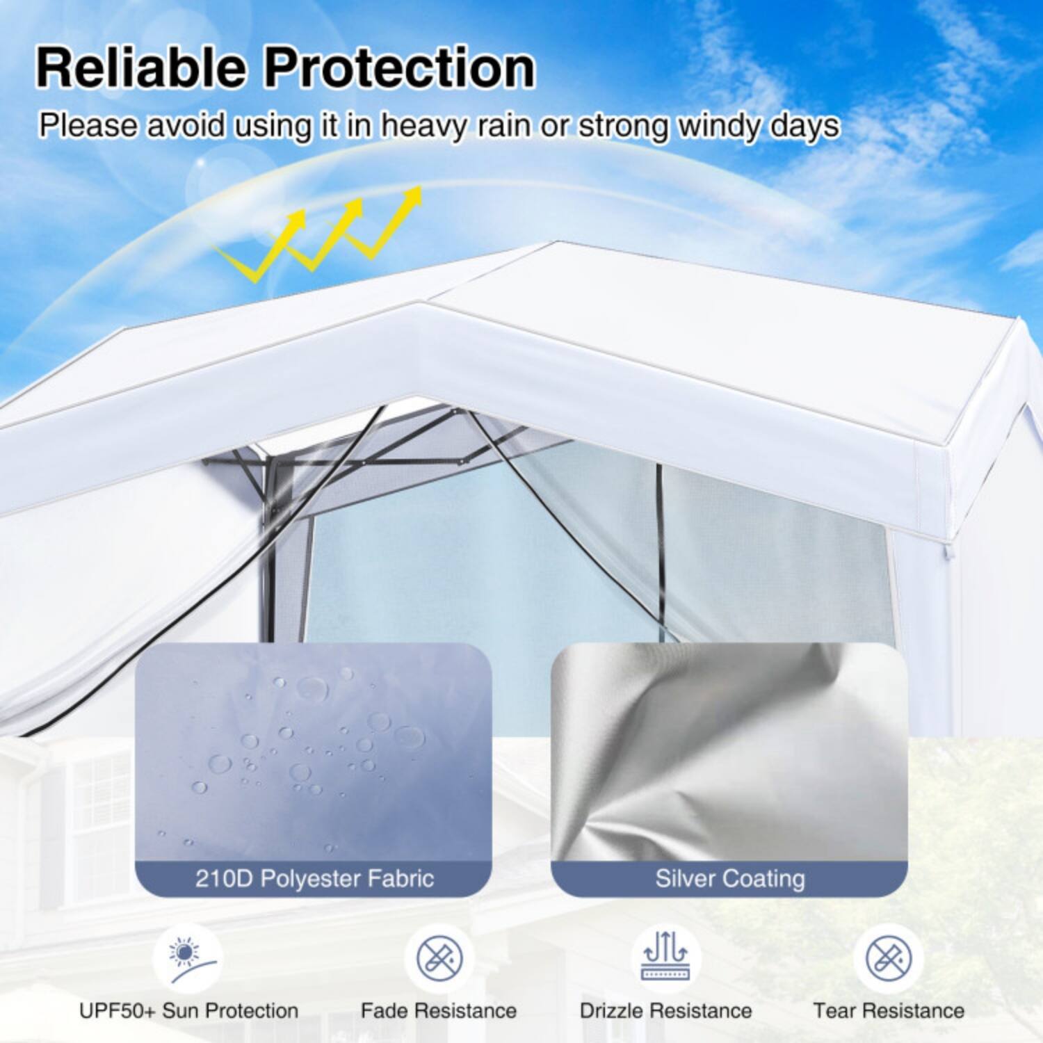 Reliable Protection  
Please avoid using it in heavy rain or strong windy days  

210D Polyester Fabric  
Silver Coating  

UPF50+ Sun Protection  
Fade Resistance  
Drizzle Resistance  
Tear Resistance