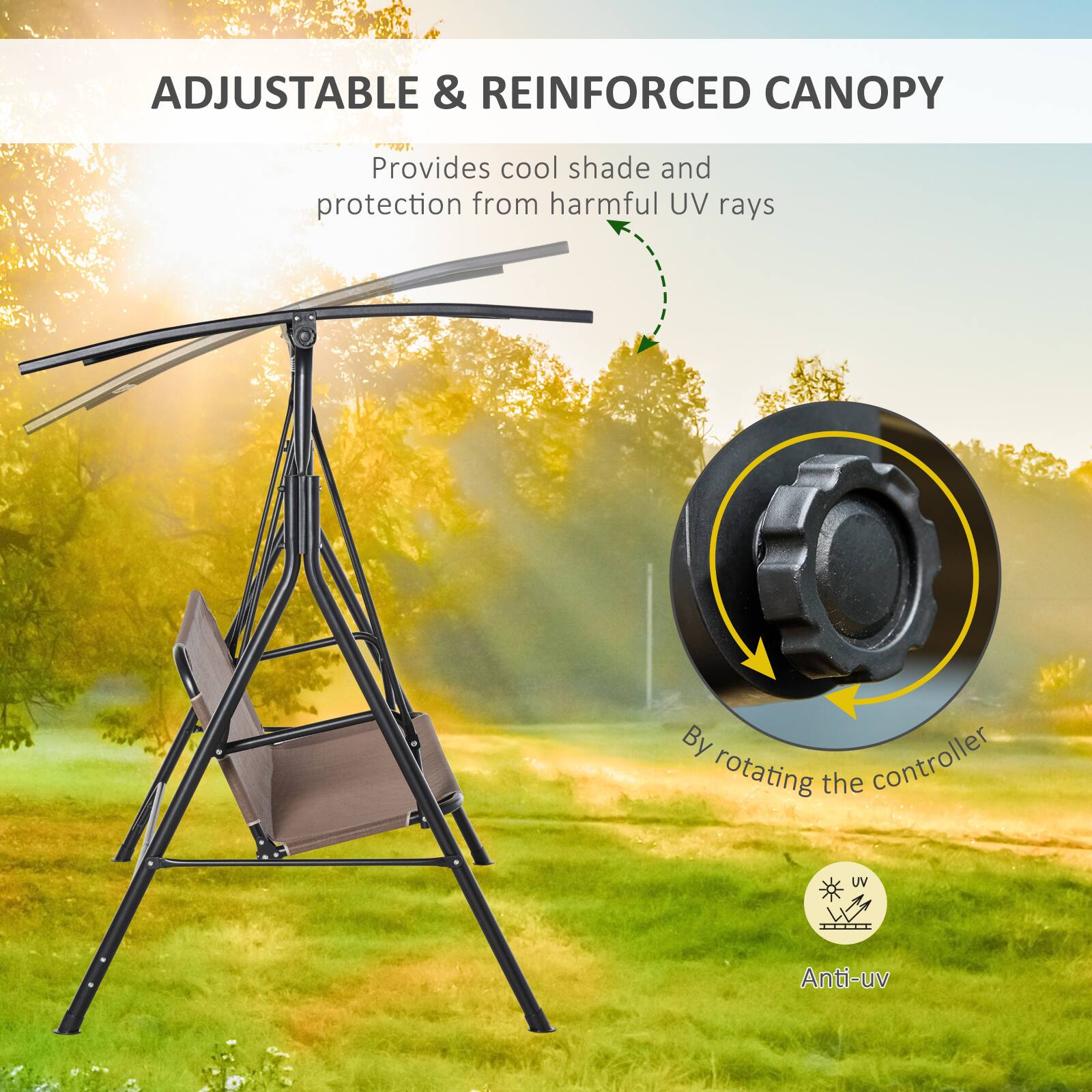 ADJUSTABLE & REINFORCED CANOPY

Provides cool shade and protection from harmful UV rays

By rotating the controller

Anti-uv