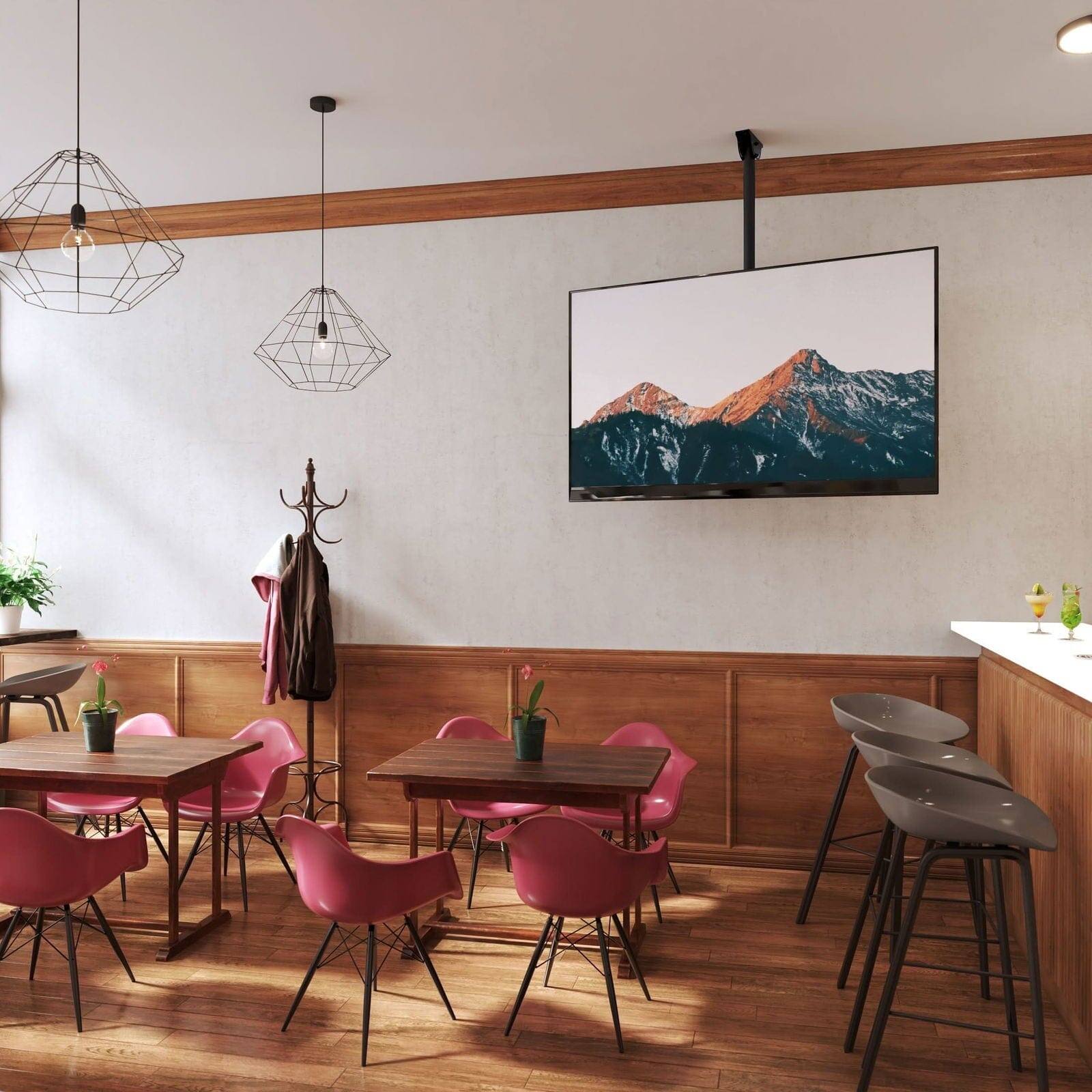 Back. Mount-It! - Full-Motion Adjustable Ceiling TV Mount – 32″–70″, 360° Swivel, 25° Tilt, 22–36″ Drop, 110 lb Capacity - Black.