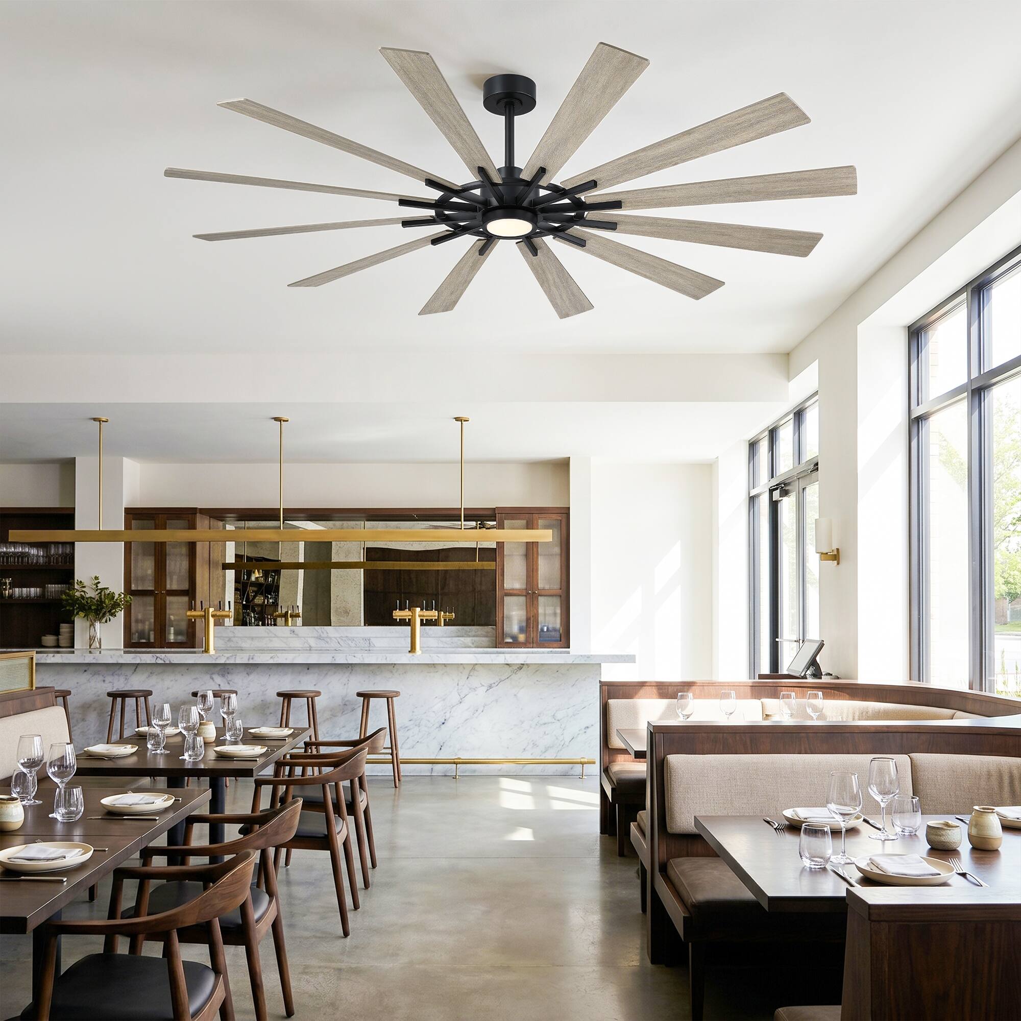 Left. Parrot Uncle - 72" Large Farmhouse 12-Blade Windmill Ceiling Fan with Dimmable LED Light and 6-Speed Remote - Black.