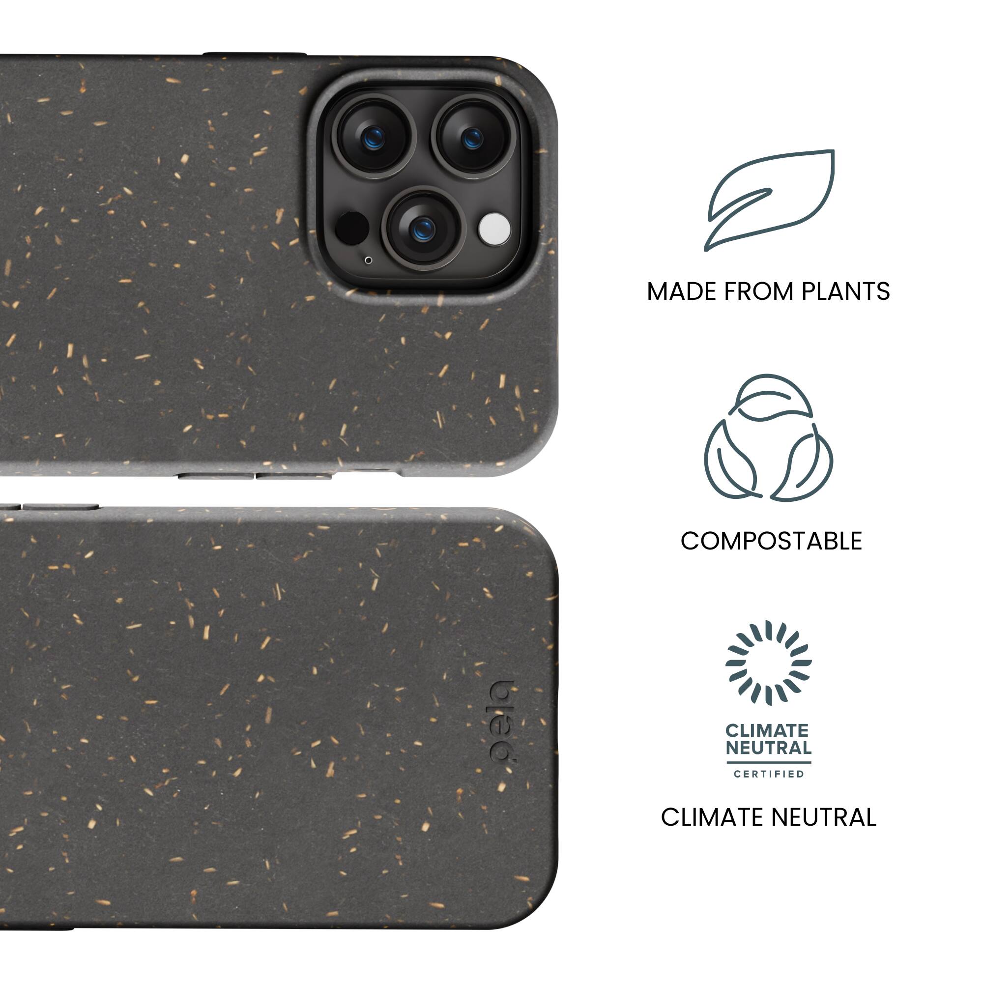 The image features a case for a cell phone, which is made from plants and is compostable. The case is also certified as climate neutral.