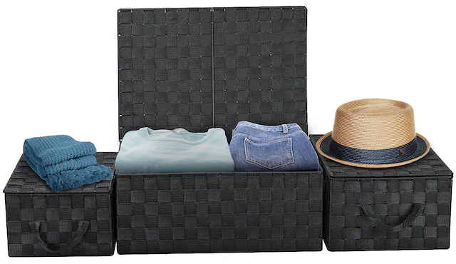 Front. Sorbus - Sorbus Set of 3 Storage Baskets for Organizing with Lid, Mesh, Linen, Organizer Storage Baskets for Shelves - Black.