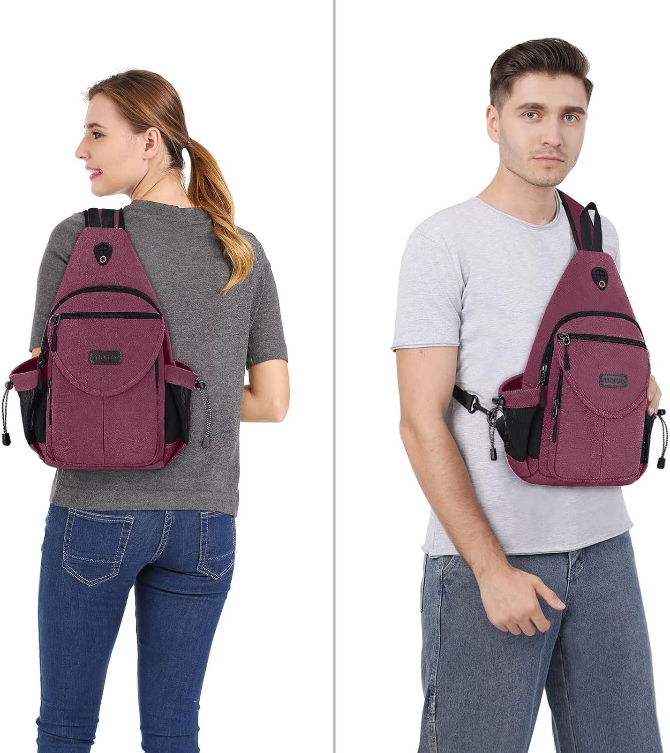 Alt View 3. mosiso - Sling Backpack Canvas Crossbody Hiking Daypack Bag with Anti-theft Pocket - Wine Red.