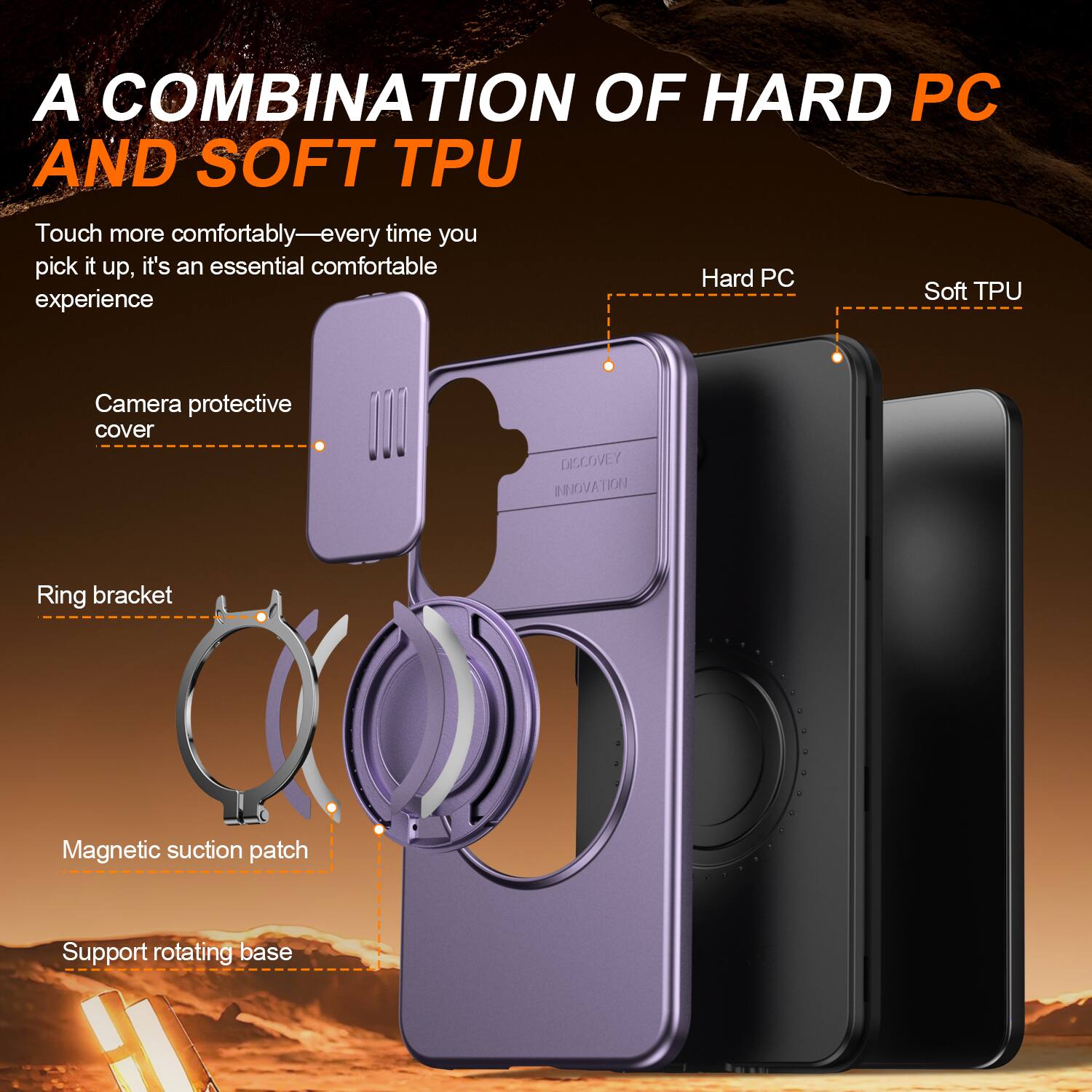 A COMBINATION OF HARD PC AND SOFT TPU

Touch more comfortably—every time you pick it up, it's an essential comfortable experience

Camera protective cover

Ring bracket

Magnetic suction patch

Support rotating base