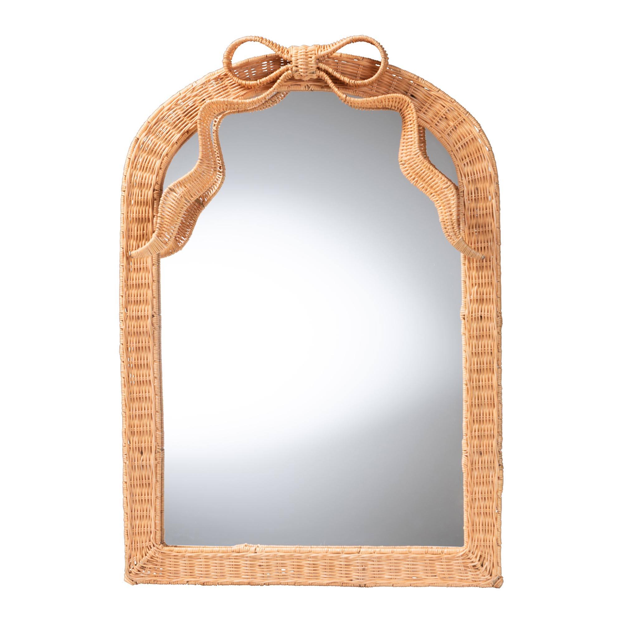 Front. bali & pari - bali & pari Creusa Natural Rattan Accent Mirror with Bow Detail, Arch - Light Honey.
