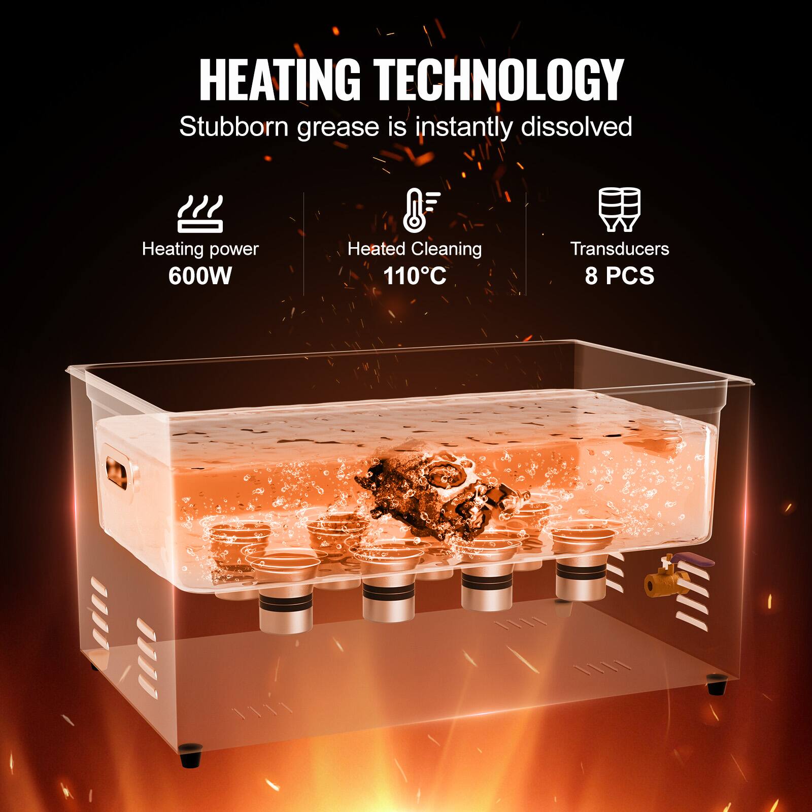 HEATING TECHNOLOGY
Stubborn grease is instantly dissolved
Heating power 600W
Heated Cleaning 110°C
Transducers 8 PCS