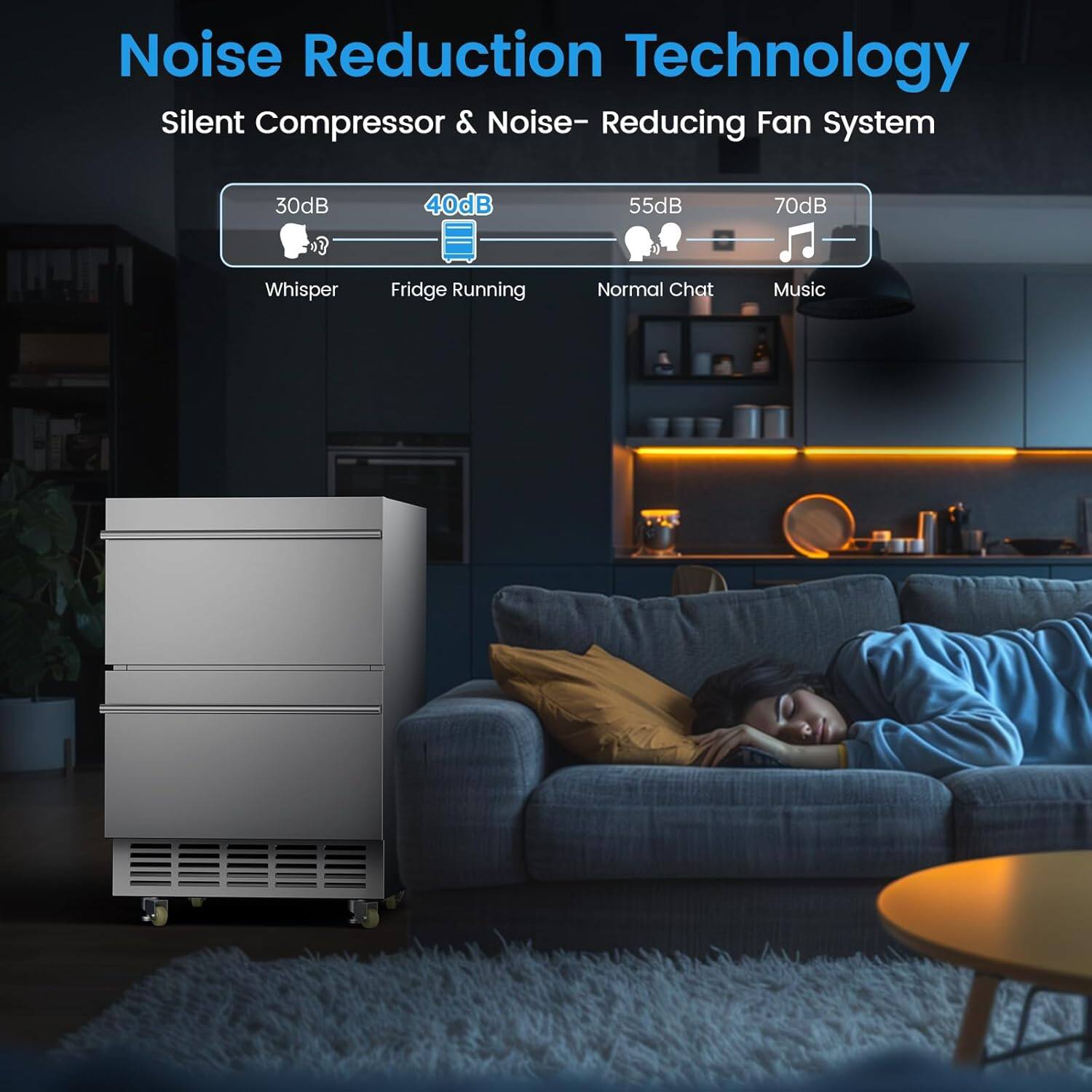 Noise Reduction Technology  
Silent Compressor & Noise-Reducing Fan System  

30dB - Whisper  
40dB - Fridge Running  
55dB - Normal Chat  
70dB - Music