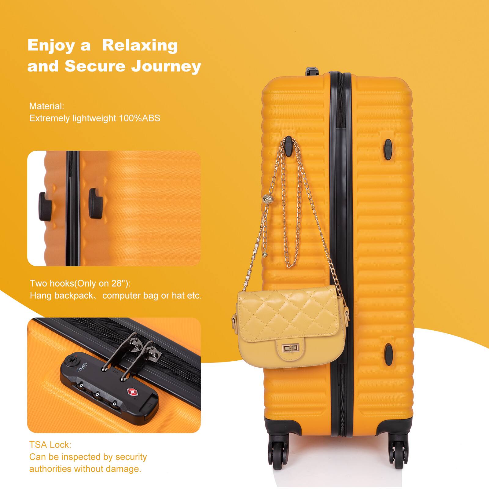 Enjoy a Relaxing and Secure Journey

Material: Extremely lightweight 100%ABS

Two hooks (Only on 28"): Hang backpack, computer bag or hat etc.

TSABOT 1

TSA Lock: Can be inspected by security authorities without damage.