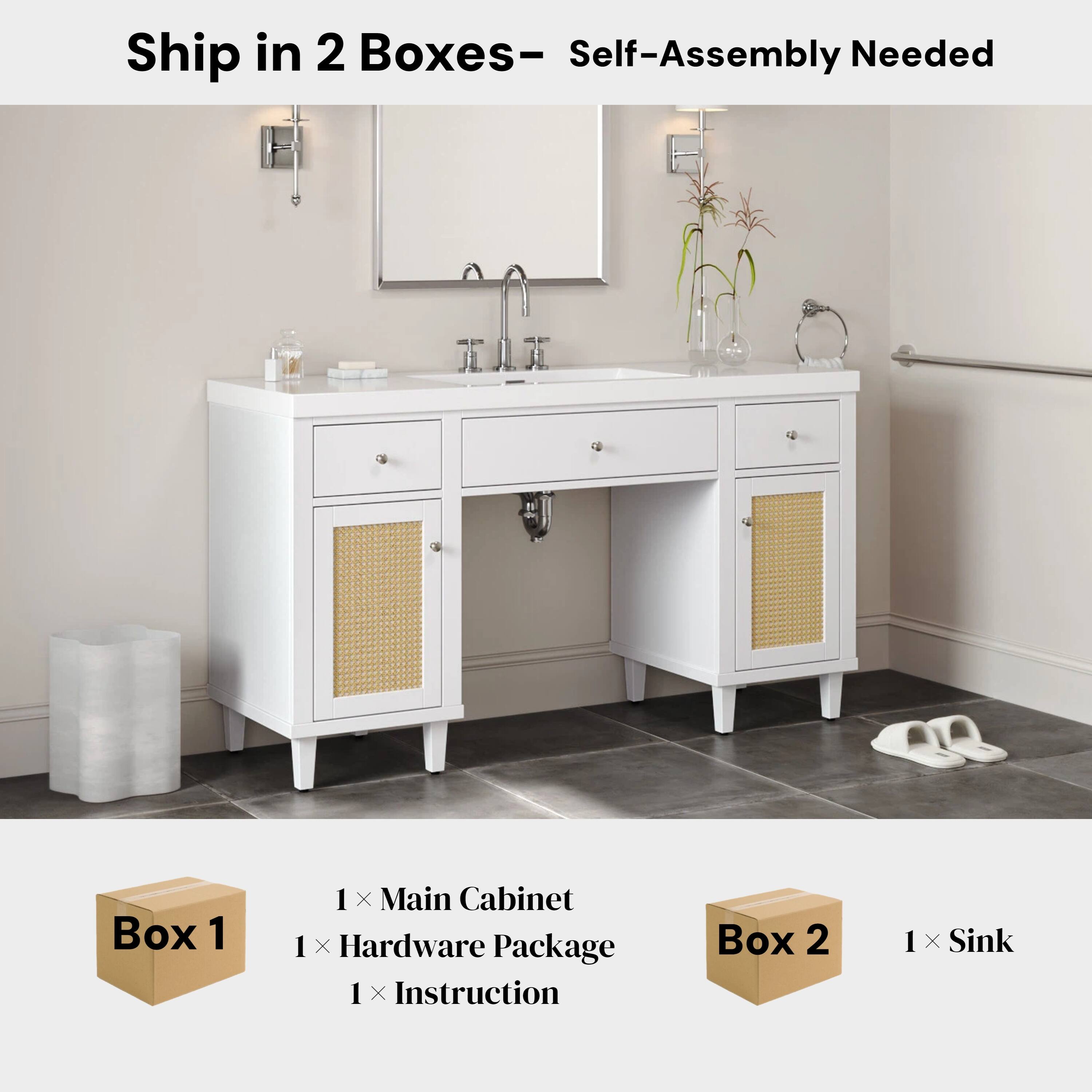 Ship in 2 Boxes- Self-Assembly Needed

Box 1
1 x Main Cabinet
1 x Hardware Package
1 x Instruction

Box 2
1 x Sink