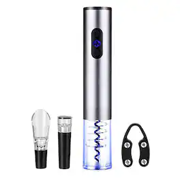 Brentwood - Electric Wine Bottle Opener with Foil Cutter, Vacuum Stopper, and Aerator Pourer - Silver