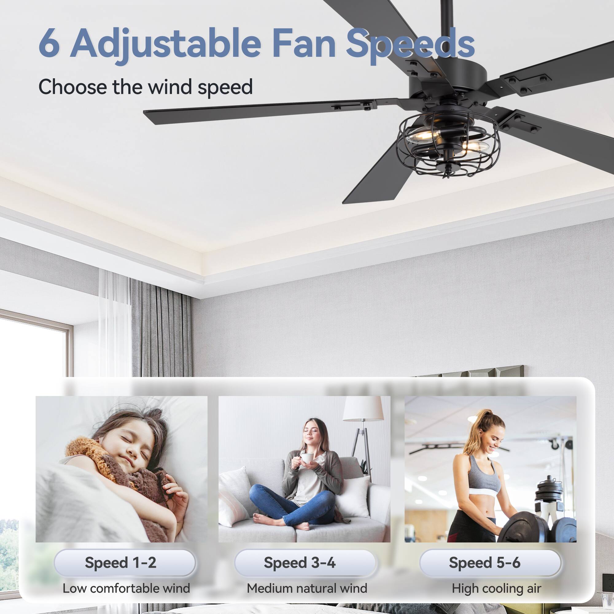 6 Adjustable Fan Speeds

Choose the wind speed

Speed 1-2 Low comfortable wind

Speed 3-4 Medium natural wind

Speed 5-6 High cooling air