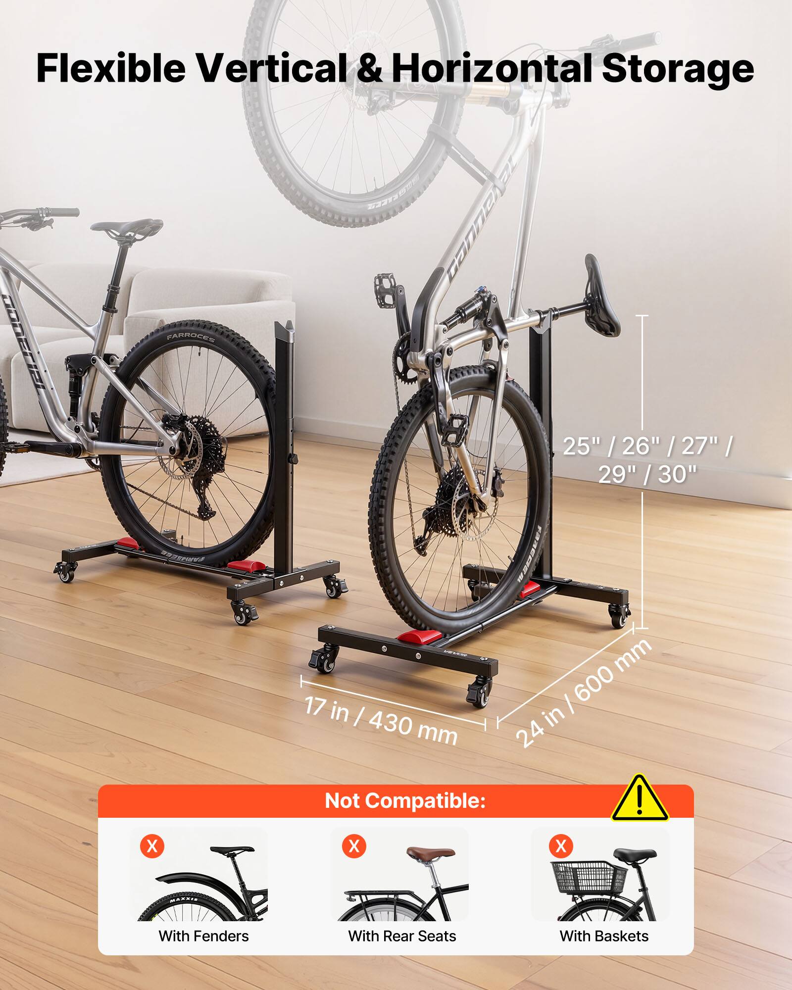 Flexible Vertical & Horizontal Storage

ELULD PARROCEE EC TORETEES

25" / 26" / 27" / 29" / 30"

17 in / 430 mm

24 in / 600 mm

Not Compatible:
- With Fenders
- With Rear Seats
- With Baskets
