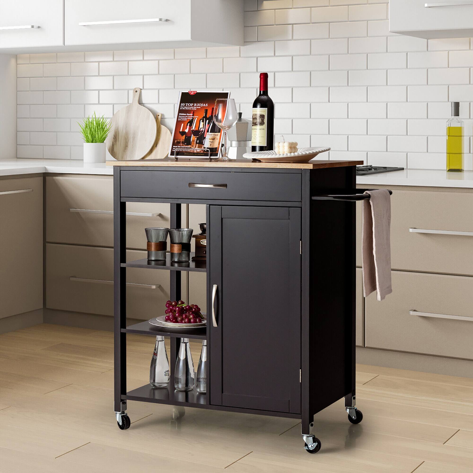 Alt View 1. Gymax - Gymax Mobile Kitchen Island Cart Serving Utility Trolley Drawer Shelf Towel Rack Brown - Brown.