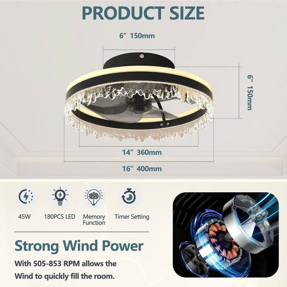 **PRODUCT SIZE**

- 6" 150mm
- 14" 360mm
- 16" 400mm

**Features:**

- 45W
- 180PCS LED
- Memory Function
- Timer Setting

**Strong Wind Power**

With 505-853 RPM allows the Wind to quickly fill the room.