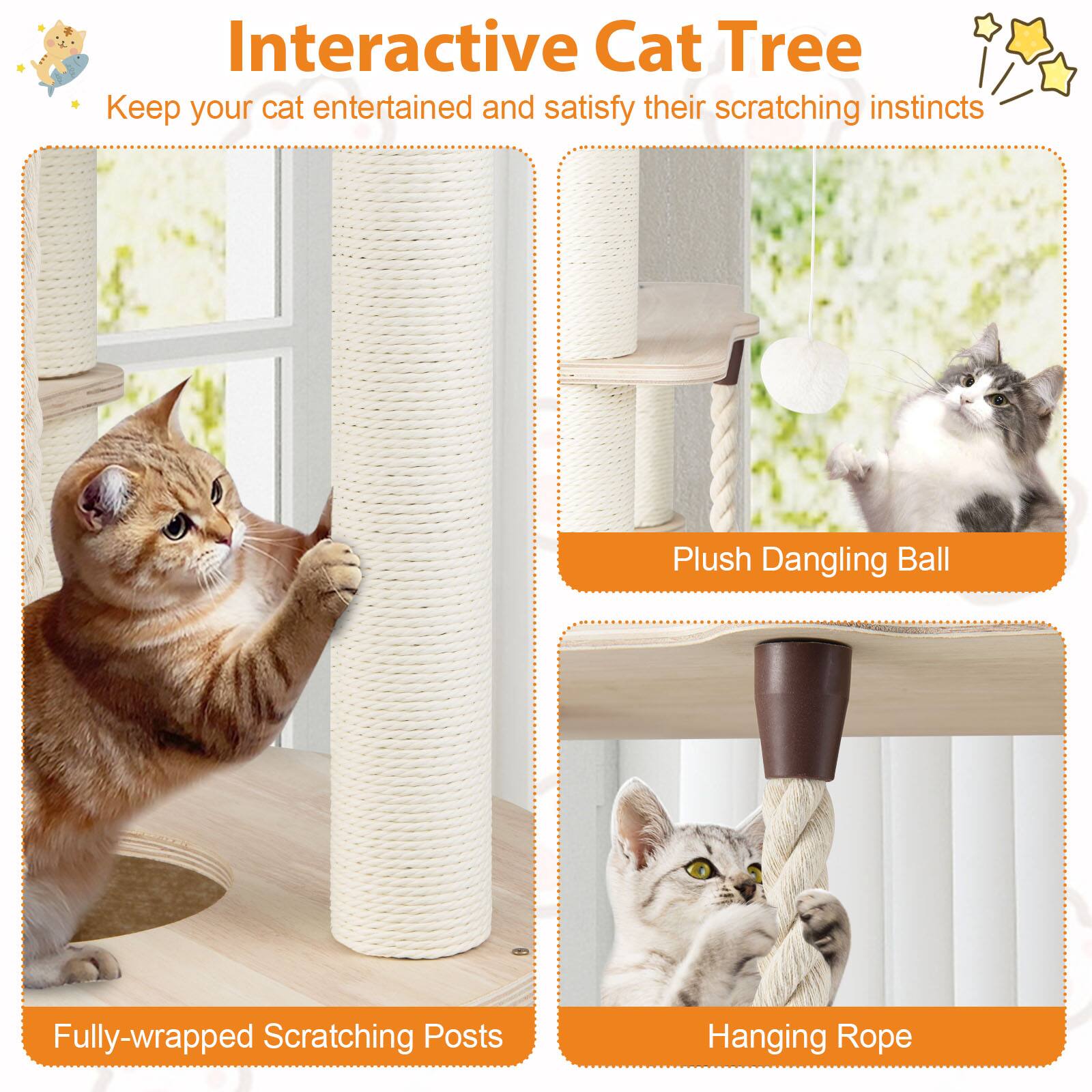 Interactive Cat Tree  
Keep your cat entertained and satisfy their scratching instincts  

- Fully-wrapped Scratching Posts  
- Plush Dangling Ball  
- Hanging Rope