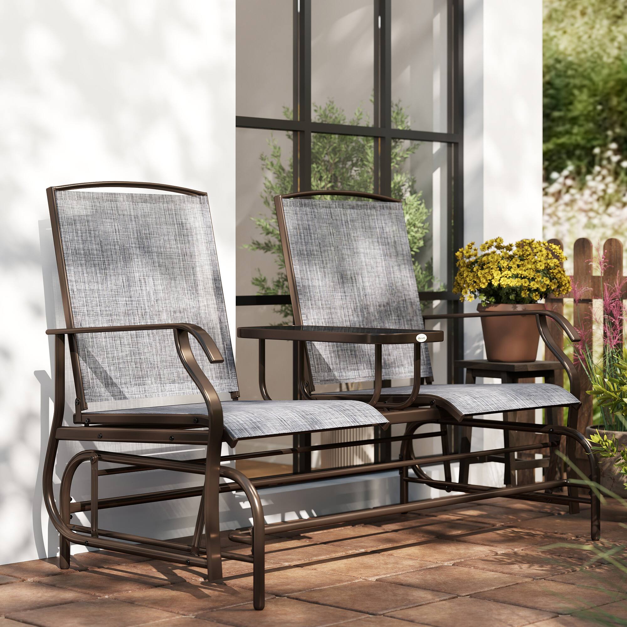 Alt View 8. Outsunny - Double Glider Chair Mesh Fabric with Center Table - Gray.