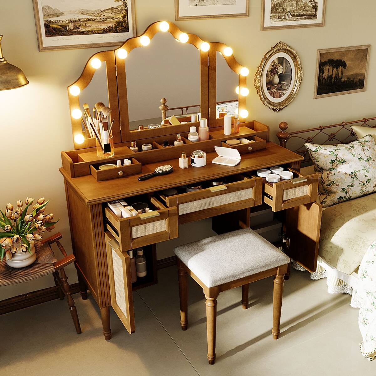 Left. Loheer - Loheer Makeup Vanity Desk with Stool, Espresso Tri-Fold Mirror and 13 Bulb Hollywood Lighting - Espresso.