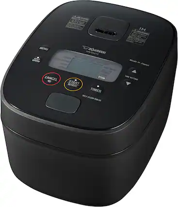 A Zojirushi QAC10 Jasmine White Rice Cooker with a timer and various settings.