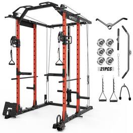 Mikolo - Power Rack Cage, 1500 lbs Weight Rack with Cable Crossover Machine, Multi-Function Squat Rack - Red