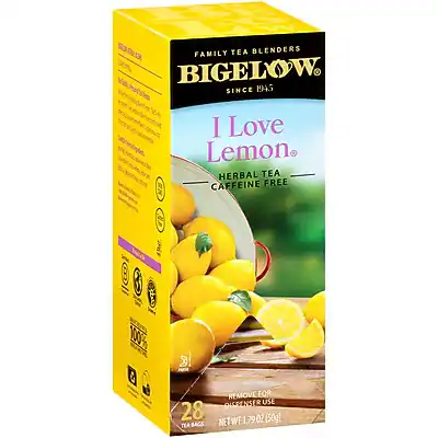 FAMILY TEA BLENDERS
BIGELOW
SINCE 1945
I Love Lemon
HERBAL TEA
CAFFEINE FREE
28 TEA BAGS
REMOVE FOR DISPOSAL USE
NET WT 1.79 OZ (50g)