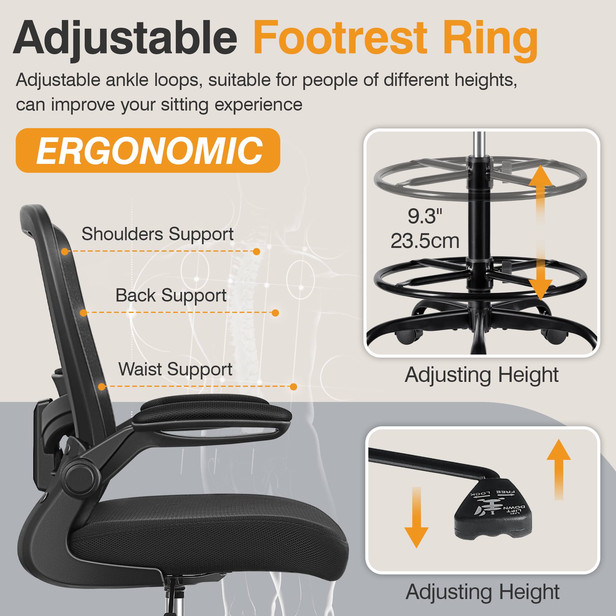 Adjustable Footrest Ring, Adjustable ankle loops, suitable for people of different heights, can improve your sitting experience. ERGONOMIC

Shoulders Support
Back Support
Waist Support

Adjusting Height
Adjusting Height

MN C
