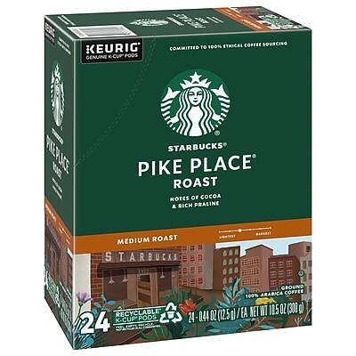 KEURIG GENUINE K-CUP PODS  
COMMITTED TO 100% ETHICAL COFFEE SOURCING  

STARBUCKS  
PIKE PLACE ROAST  
NOTES OF COCOA & RICH PRALINE  
MEDIUM ROAST  

24 RECYCLABLE K-CUP PODS  
0.44 OZ (12.5g) EACH  
NET WT 10.5 OZ (301 g)  

100% ARABICA COFFEE  
GROUND